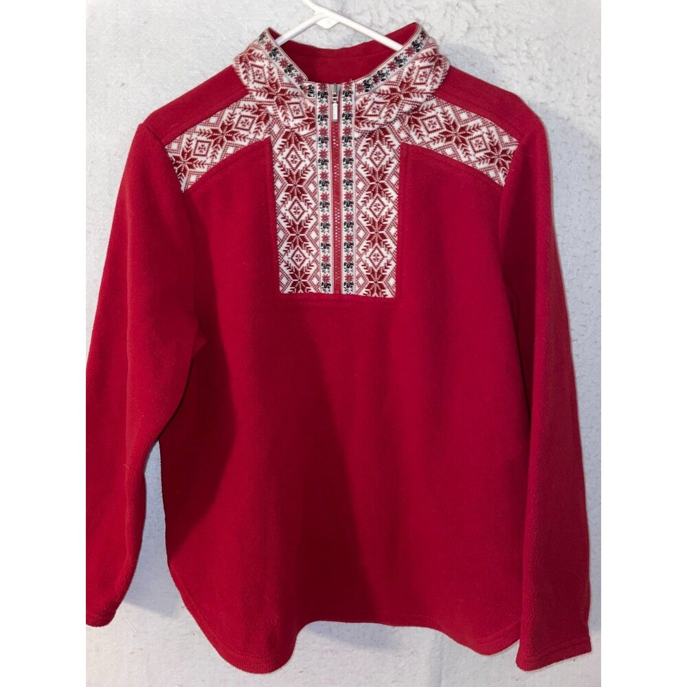 L.L. BEAN Womens sz M Red Snowflake Christmas Fleece Pullover 1/4 Zip NEW SOFT